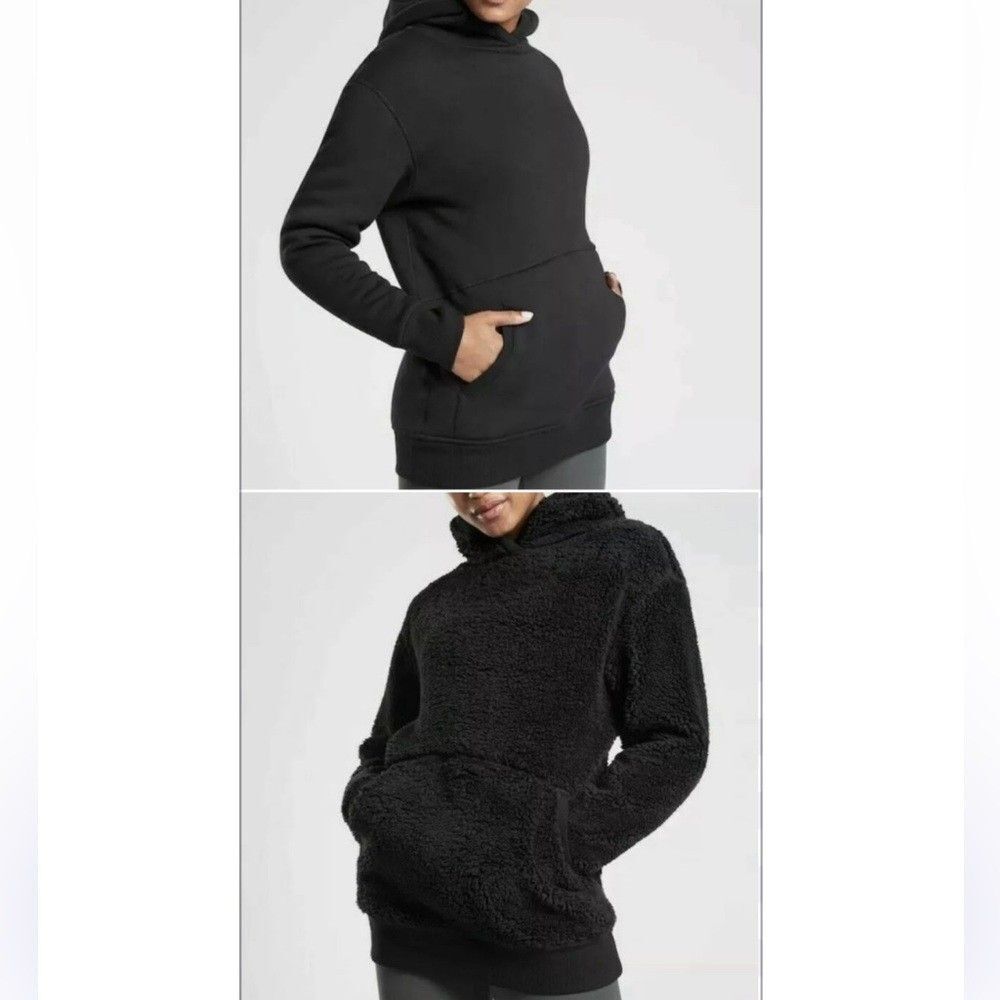 Athleta Hoodie Women’s Small Solstice Reversible Sherpa Hooded Sweatshirt Black - Picture 1 of 9